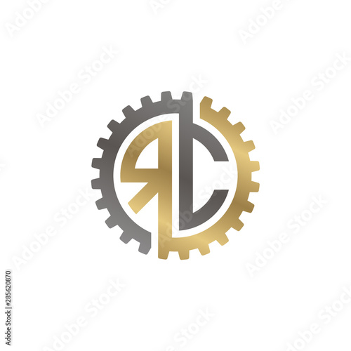 Initial letter R and C, RC, interlock cogwheel gear logo, black gold on white background