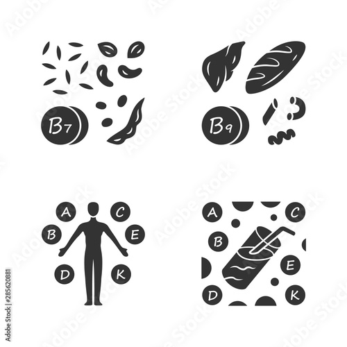 Vitamins glyph icons set. B1, B9 natural food source. Vitamin complex, cocktail. Nuts, flour products. Proper nutrition. Healthy food. Healthcare. Minerals, antioxidants. Vector isolated illustration