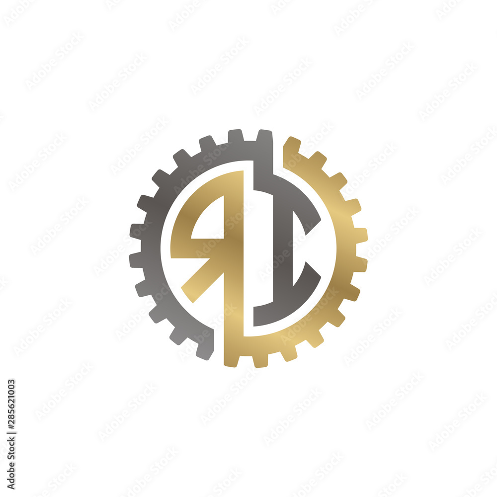 Initial letter R and I, RI, interlock cogwheel gear logo, black gold on white background Initial letter R and I, RI, interlock cogwheel gear logo, black gold on white background