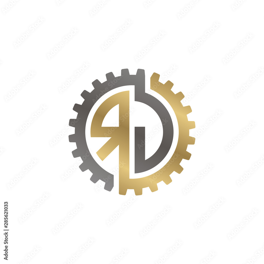 Initial letter R and J, RJ, interlock cogwheel gear logo, black gold on white background Initial letter R and J, RJ, interlock cogwheel gear logo, black gold on white background