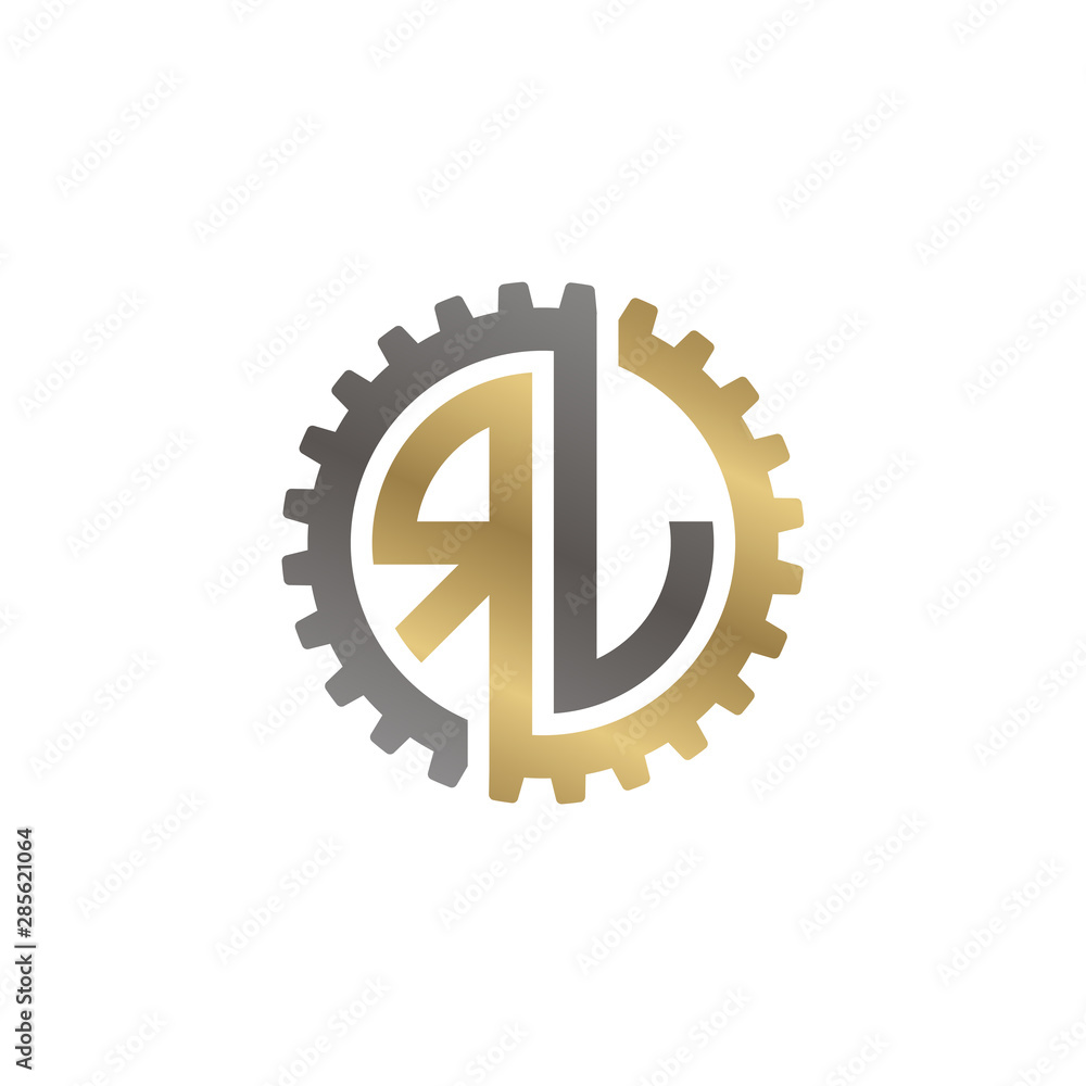 Initial letter R and L, RL, interlock cogwheel gear logo, black gold on white background Initial letter R and L, RL, interlock cogwheel gear logo, black gold on white background