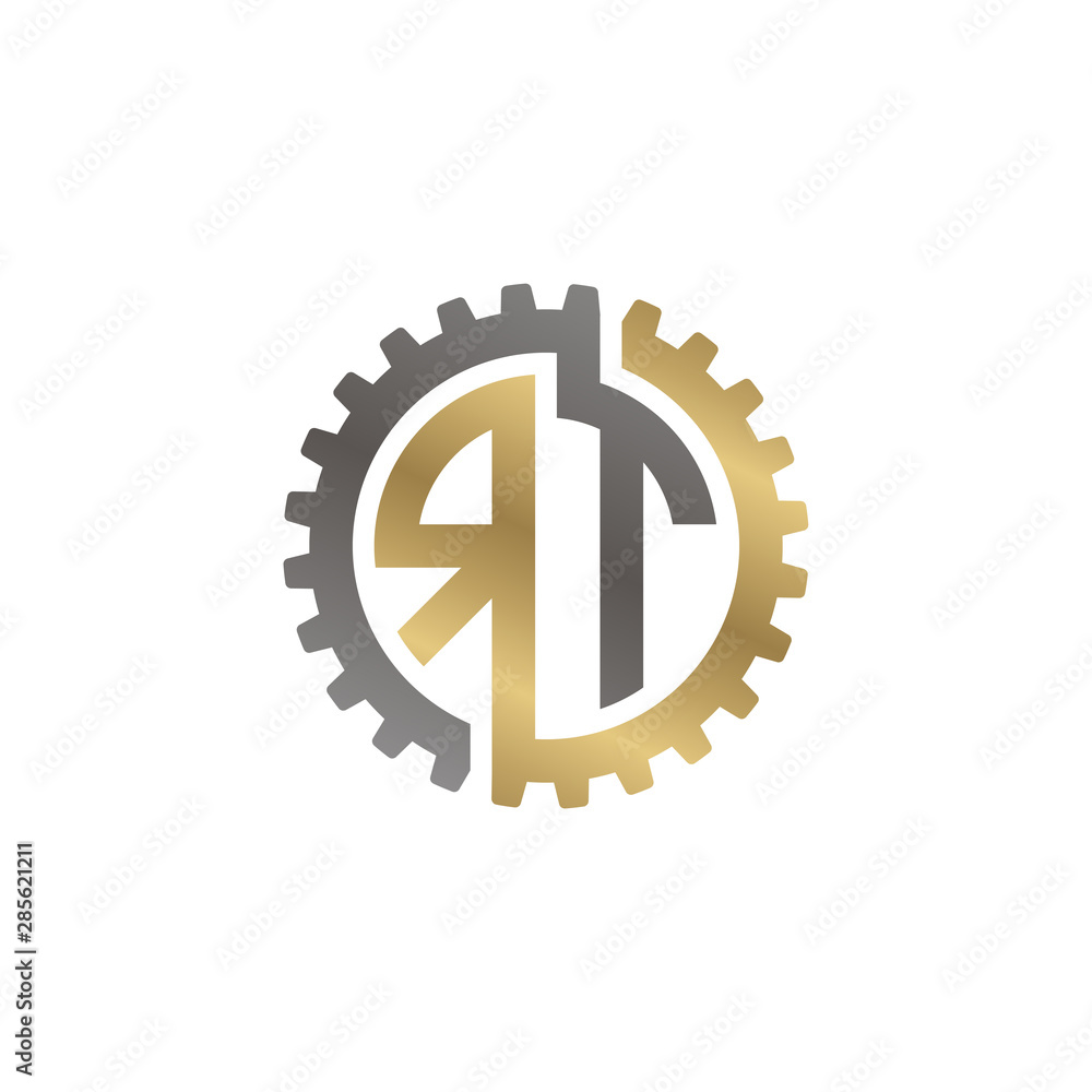 Initial letter R and T, RT, interlock cogwheel gear logo, black gold on white background Initial letter R and T, RT, interlock cogwheel gear logo, black gold on white background