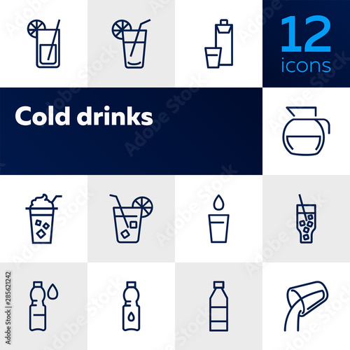 Cold drinks line icon set. Lemonade, cocktail, bottle, straw. Drink concept. Can be used for topics like summer, bar menu, cafe