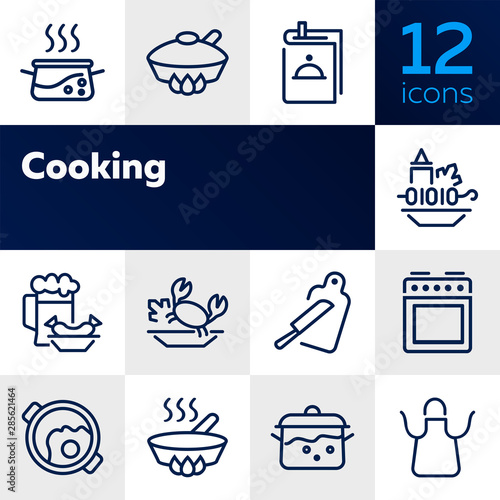 Cooking line icon set. Set of line icons on white background. Kitchenware concept. Knife, frying pan, stewing. Vector illustration can be used for topics like cooking, food, kitchen
