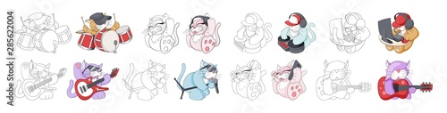Musican cartoon animal. Childish cat band. Coloring book page for kids set
