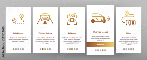 Smart Car Onboarding Mobile App Page Screen Vector Thin Line. Intelligence Control And Security, Network Navigation And Autopilot Smart Car Devices Linear Pictograms. Illustrations