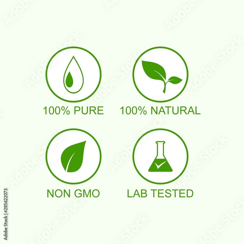 oil icons set ,100% natural, non GMO, 100 % pure, lab tested