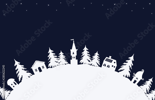 Christmas background. Winter village. Fairy tale winter landscape. There are white houses and fir trees on a starry sky background in the image. There is a place for text. Vector illustration