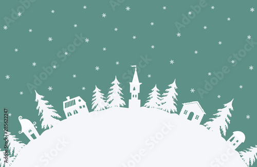 Christmas background. Winter village. Fairy tale winter landscape. There are white houses and fir trees on a turquoise background in the image. There is a place for text. Vector illustration