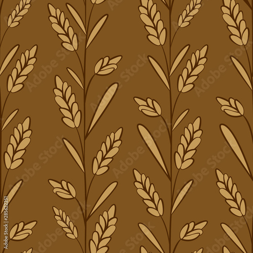 Vector seamless pattern with ears of wheat on brown background. Whole grain  organic  for bakery package  bread products. 