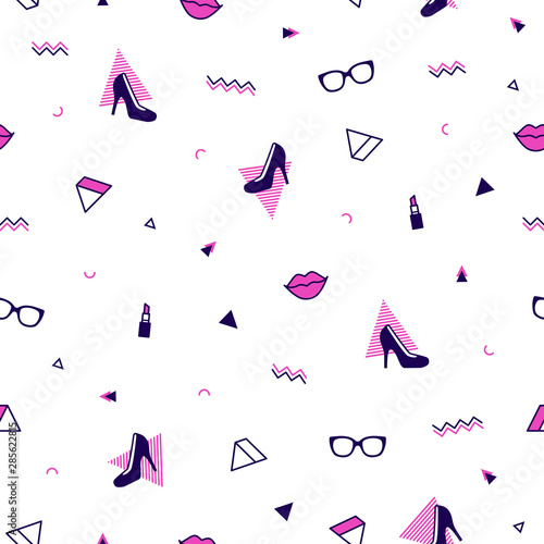 Memphis pattern with purple high heel shoes, pink lips, sunglasses and geometric shapes. Fashion background in 90s 80s style. Triangle, zigzag and other graphic elements. Linear design.