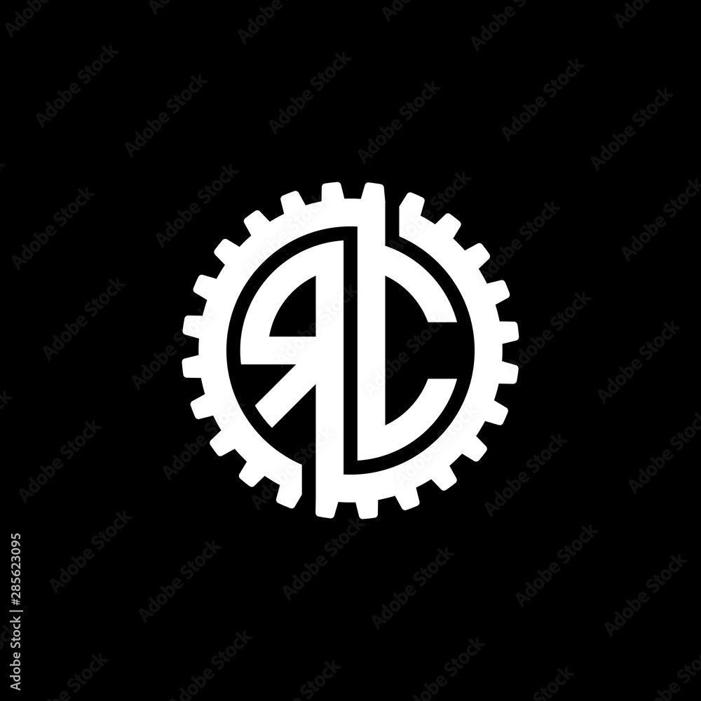 Initial letter R and C, RC, interlock cogwheel gear monogram logo, white color on black background Initial letter R and C, RC, interlock cogwheel gear monogram logo, white color on black background