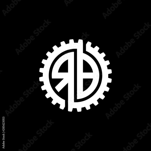 Initial letter R and B, RB, interlock cogwheel gear monogram logo, white color on black background