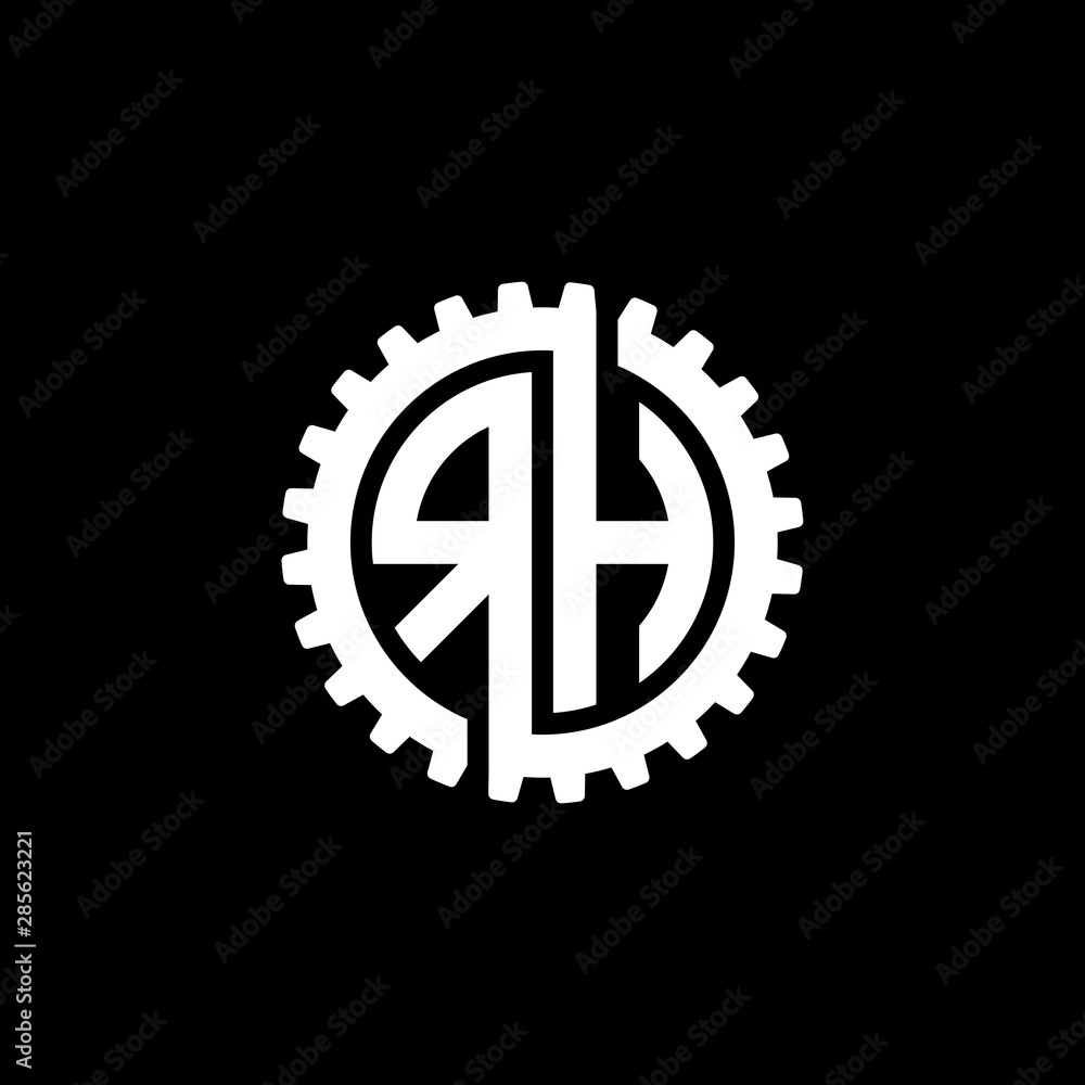Initial letter R and H, RH, interlock cogwheel gear monogram logo, white color on black background Initial letter R and H, RH, interlock cogwheel gear monogram logo, white color on black background