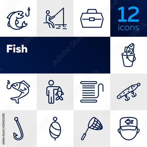 Fishing icon. Set of line icons on white background. Fish, catch, angling, harpoon. Fisherman concept. Vector illustration can be used for topics like leisure, recreation, hobby