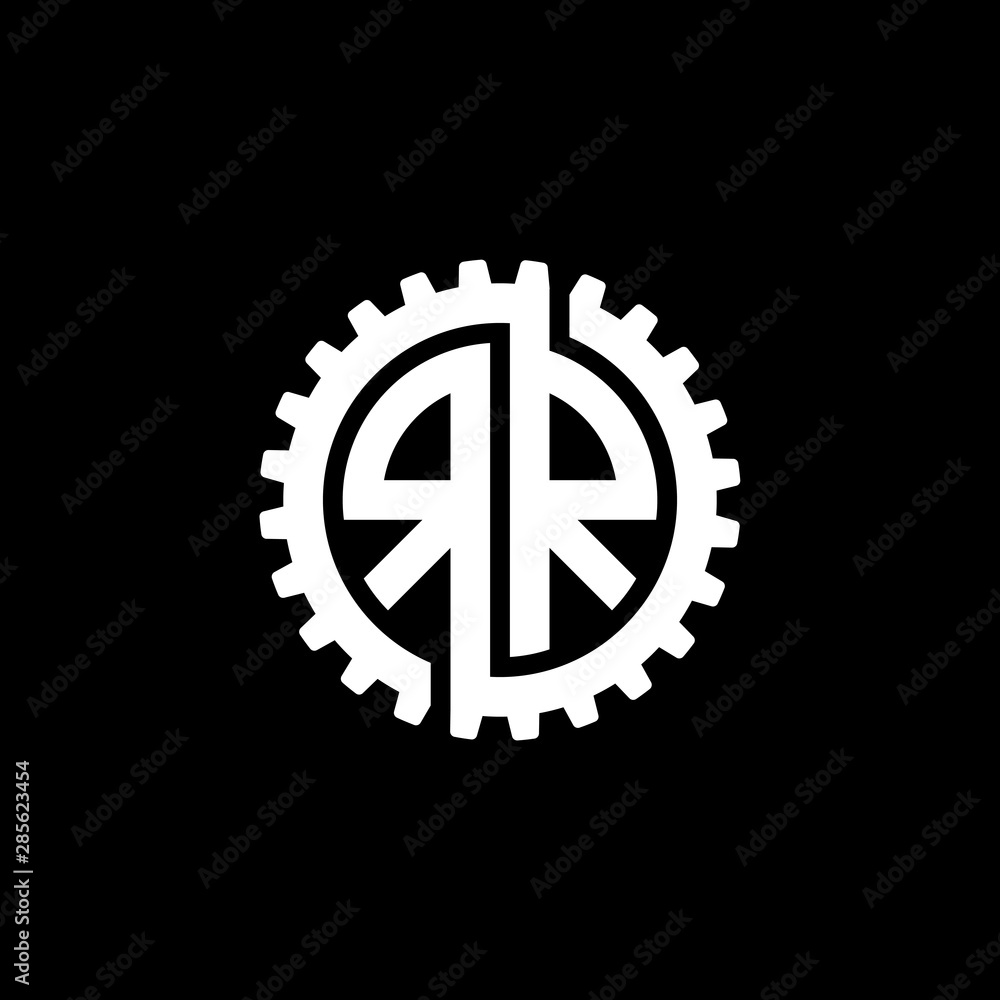 Initial letter R and R, RR, interlock cogwheel gear monogram logo, white color on black background Initial letter R and R, RR, interlock cogwheel gear monogram logo, white color on black background