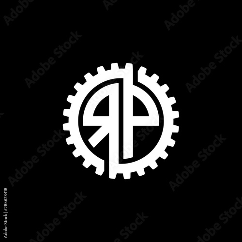 Initial letter R and P, RP, interlock cogwheel gear monogram logo, white color on black background