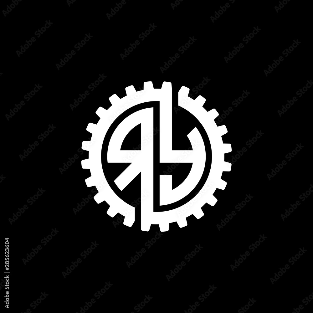 Initial letter R and Y, RY, interlock cogwheel gear monogram logo, white color on black background Initial letter R and Y, RY, interlock cogwheel gear monogram logo, white color on black background