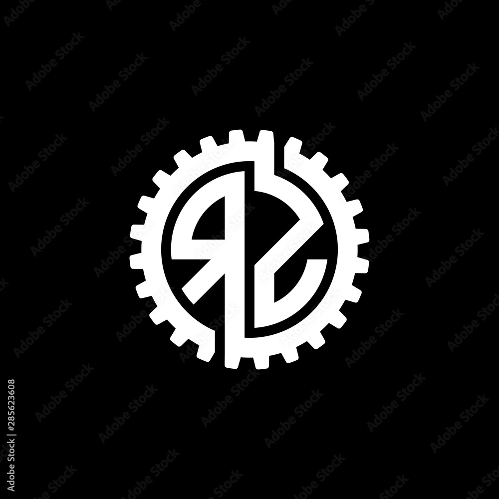 Initial letter R and Z, RZ, interlock cogwheel gear monogram logo, white color on black background Initial letter R and Z, RZ, interlock cogwheel gear monogram logo, white color on black background