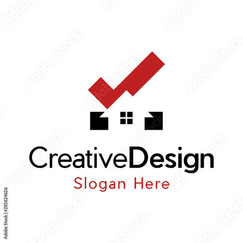 Real estate logo - home or house with chimney and check mark or tick symbol. Home check premium line icon. Simple high quality pictogram. Modern outline style icons.