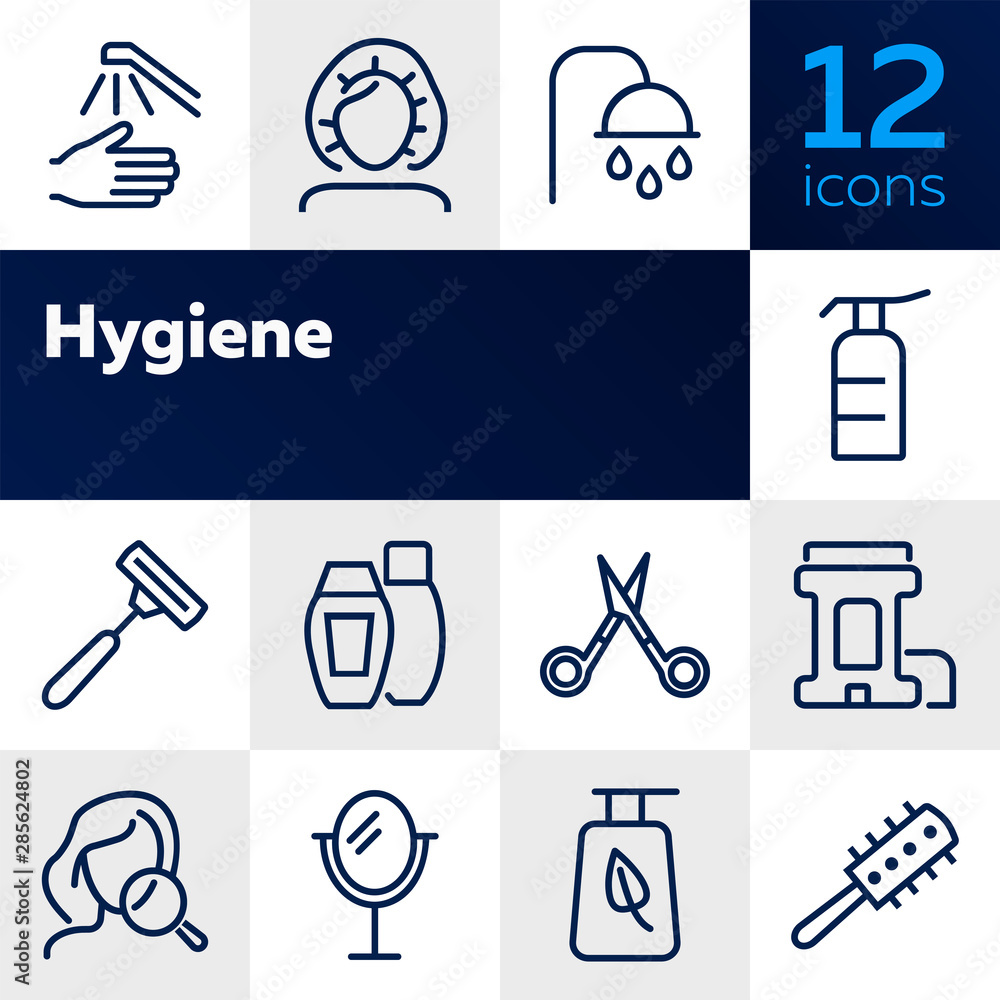 Hygiene line icon set. Shampoo, scissors, brush. Self care concept. Can be used for topics like shower, beauty care, makeup - obrazy, fototapety, plakaty 
