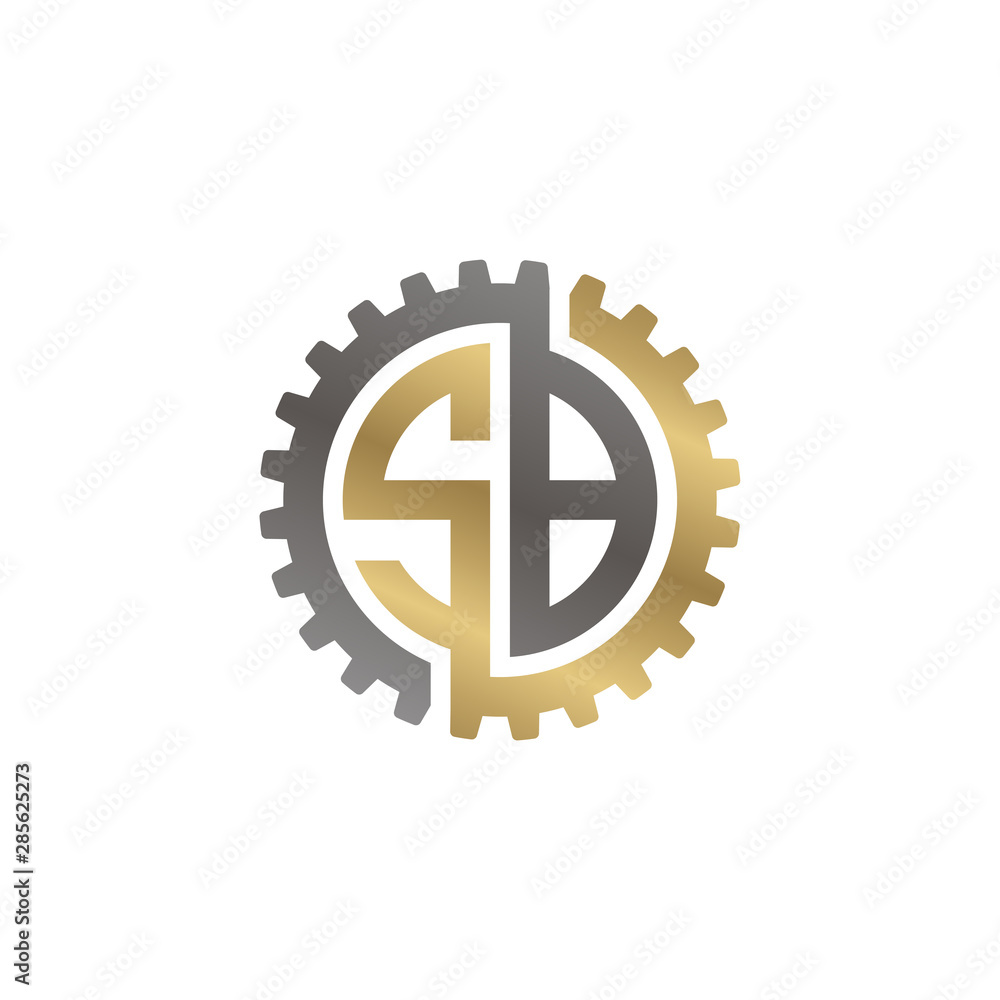 Initial letter S and B, SB, interlock cogwheel gear logo, black gold on white background Initial letter S and B, SB, interlock cogwheel gear logo, black gold on white background