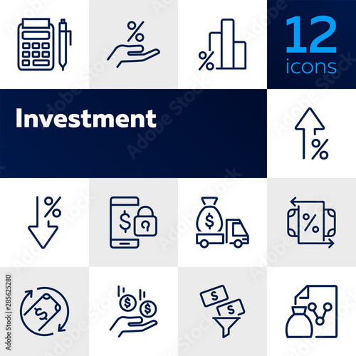 Investment line icon set. Encashment car, income, graph. Money concept. Can be used for topics like finance management, profit, banking