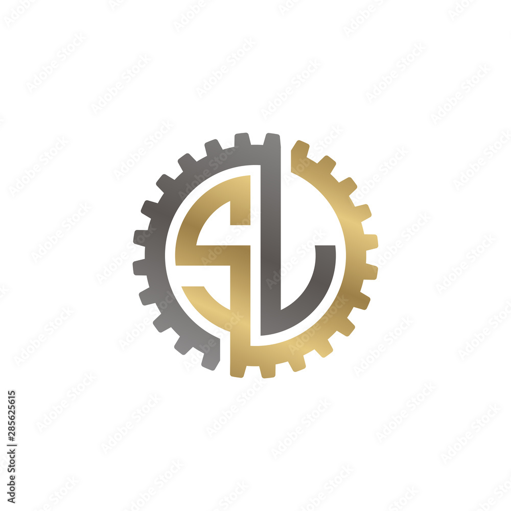 Initial letter S and L, SL, interlock cogwheel gear logo, black gold on white background Initial letter S and L, SL, interlock cogwheel gear logo, black gold on white background