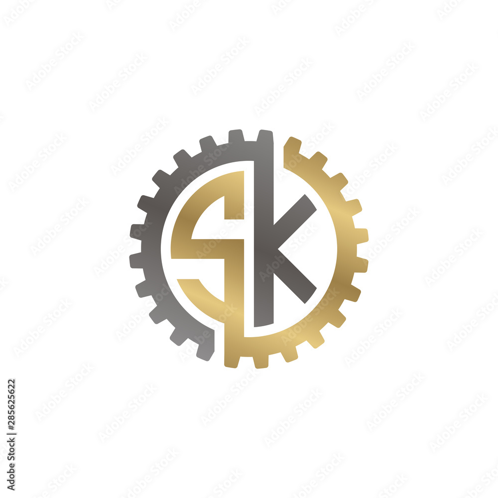 Initial letter S and K, SK, interlock cogwheel gear logo, black gold on white background Initial letter S and K, SK, interlock cogwheel gear logo, black gold on white background