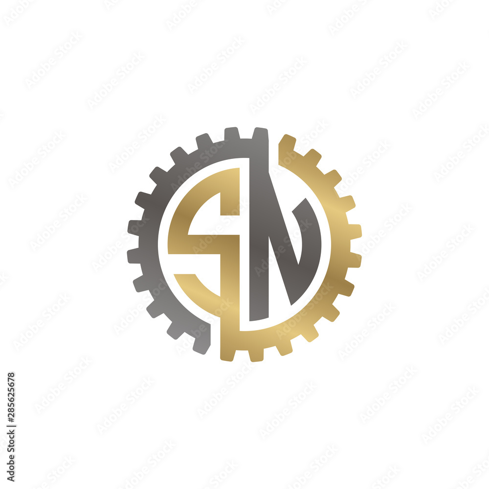 Initial letter S and N, SN, interlock cogwheel gear logo, black gold on white background Initial letter S and N, SN, interlock cogwheel gear logo, black gold on white background