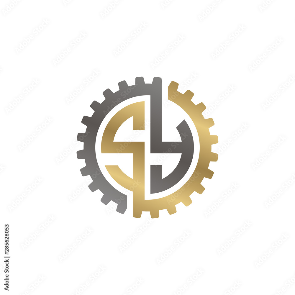 Initial letter S and Y, SY, interlock cogwheel gear logo, black gold on white background Initial letter S and Y, SY, interlock cogwheel gear logo, black gold on white background