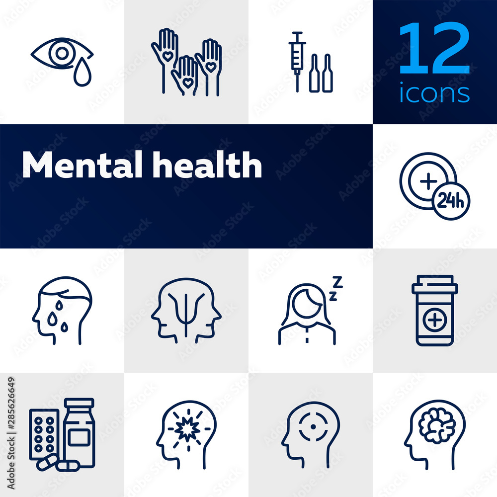 Mental health icon set. Psychology concept. Vector illustration can be used for topics like apothecary, pharmaceuticals, medicine - obrazy, fototapety, plakaty 