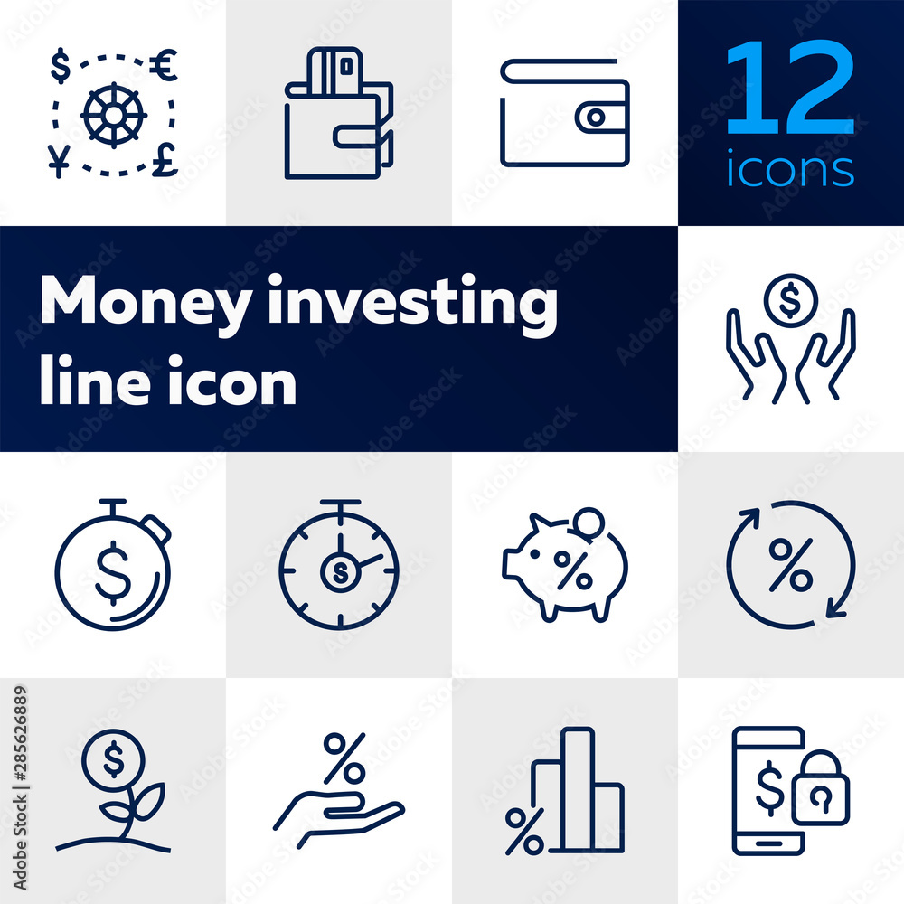 Money investing line icon set. Set of line icons on white background. Banking concept. Piggy bank, percent, purse. Vector illustration can be used for topics like investment, money, economy - obrazy, fototapety, plakaty 