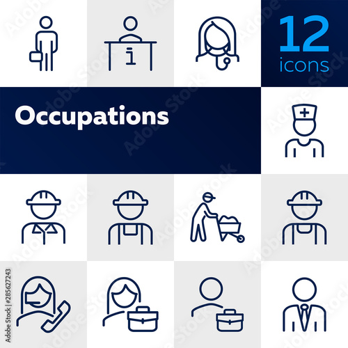 Occupations line icon set. Set of line icons on white background. Businessman, construction worker, doctor. Working concept. Vector illustration can be used for topics like career, professional growth