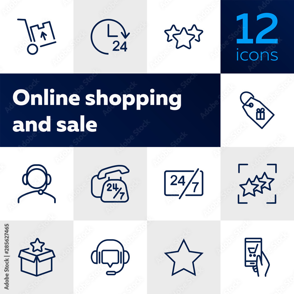 Online shop support icon set. Product delivery concept. Vector illustration can be used for topics like shopping, buying, online store - obrazy, fototapety, plakaty 