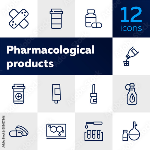 Pharmacological products icon set. Drugstore concept. Vector illustration can be used for topics like apothecary, pharmaceuticals, medicine