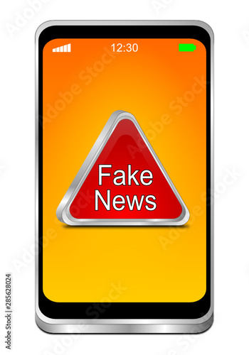 Smartphone with Fake News warning sign - 3D illustration