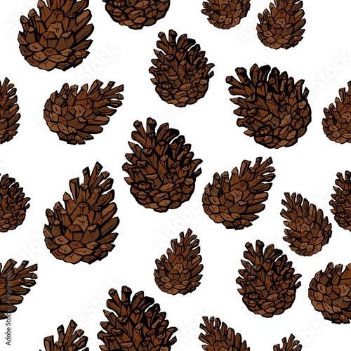 Hand drawn vector illustrations. Seamless pattern of winter pine cones isolated on white. Vector.