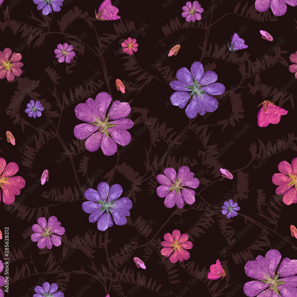 pink and purple flowers on dark brown seamless background