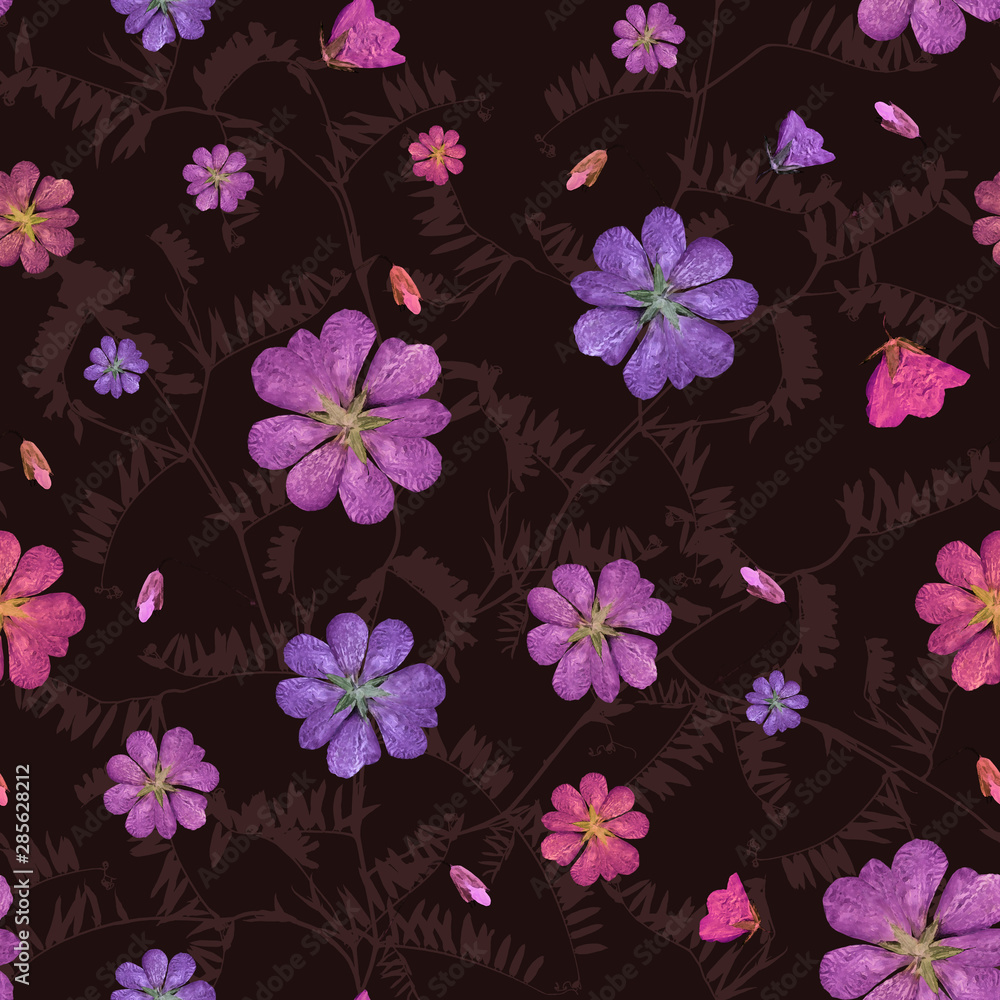 pink and purple flowers on dark brown seamless background pink and purple flowers on dark brown seamless background