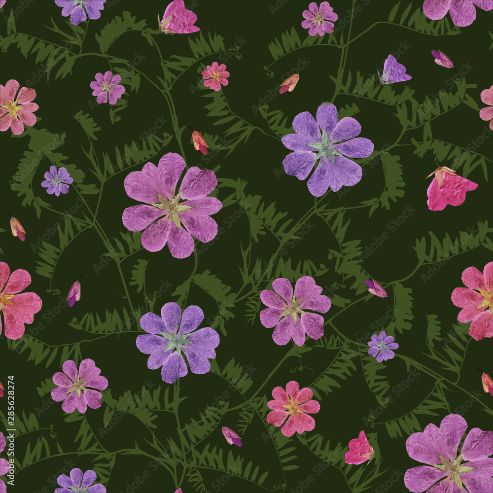 pink and purple flowers on a green seamless background