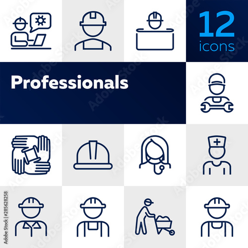 Professionals line icon set. Set off line icons on white background. Doctor, engineer, builder. Job concept. Vector illustration can be used for topics like career, sociality, business