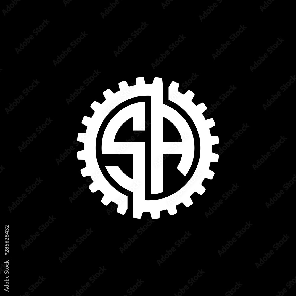 Initial letter S and A, SA, interlock cogwheel gear monogram logo, white color on black background Initial letter S and A, SA, interlock cogwheel gear monogram logo, white color on black background