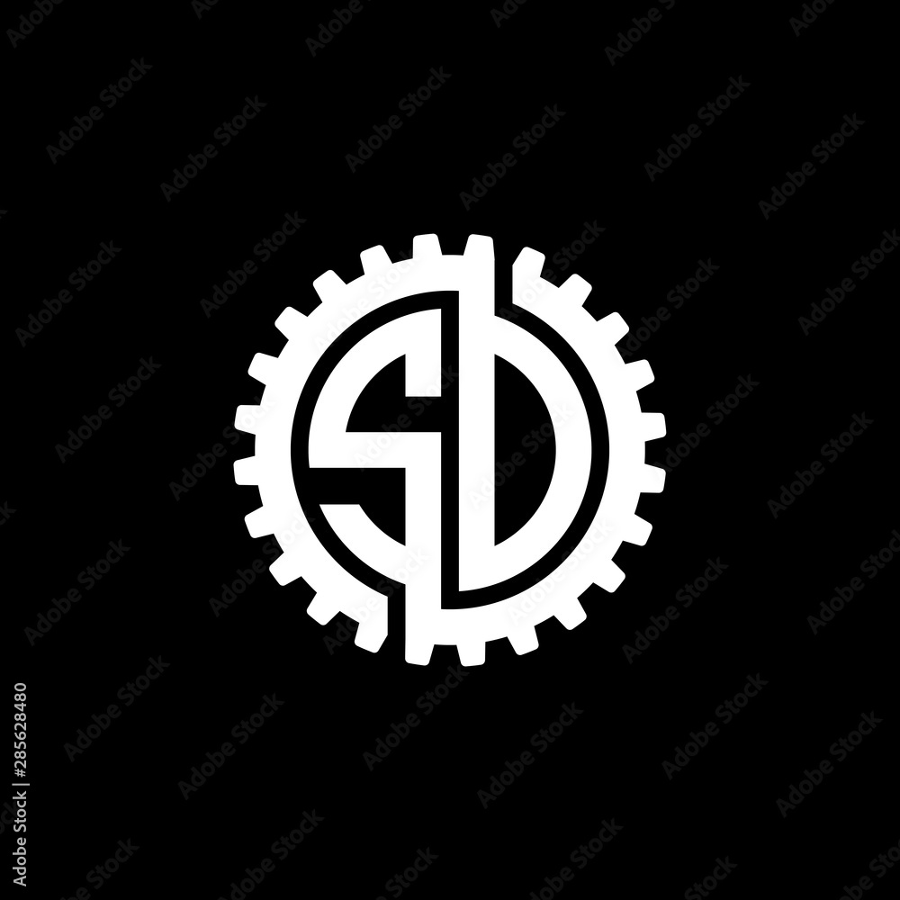 Initial letter S and D. S and O, SD, SO, interlock cogwheel gear monogram logo, white color on black background Initial letter S and D. S and O, SD, SO, interlock cogwheel gear monogram logo, white color on black background