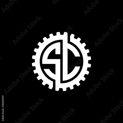 Initial letter S and C, SC, interlock cogwheel gear monogram logo, white color on black background