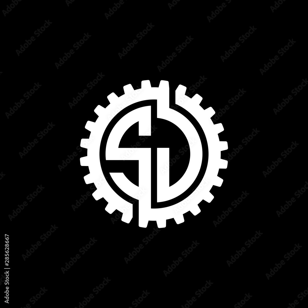 Initial letter S and J, SJ, interlock cogwheel gear monogram logo, white color on black background Initial letter S and J, SJ, interlock cogwheel gear monogram logo, white color on black background