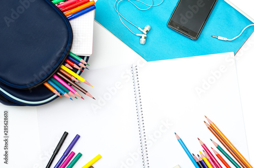 School and office accessories on a white background, back to school concept