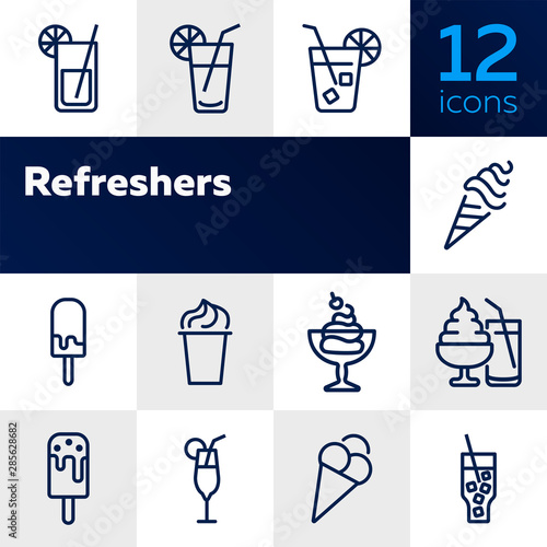 Refreshers line icon set. Cola, ice cream, lemonade. Drink concept. Can be used for topics like cafe, menu, food