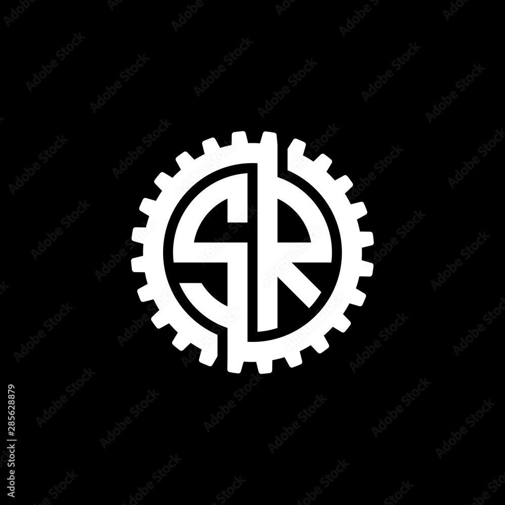 Initial letter S and R, SR, interlock cogwheel gear monogram logo, white color on black background Initial letter S and R, SR, interlock cogwheel gear monogram logo, white color on black background