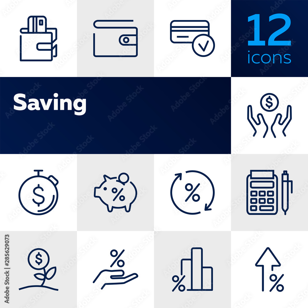Saving line icon set. Salary, purse, graph, piggy bank. Money concept. Can be used for topics like budget, finance, banking, deposit, investment - obrazy, fototapety, plakaty 